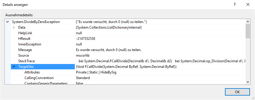 Details zu einer Ausnahme beim Debuggen in Visual Studio