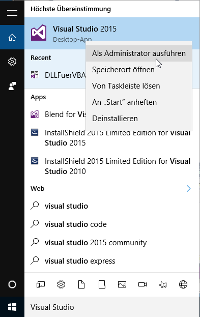 Visual Studio als Administrator starten