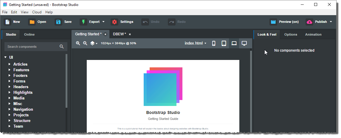Startbildschirm von Bootstrap Studio