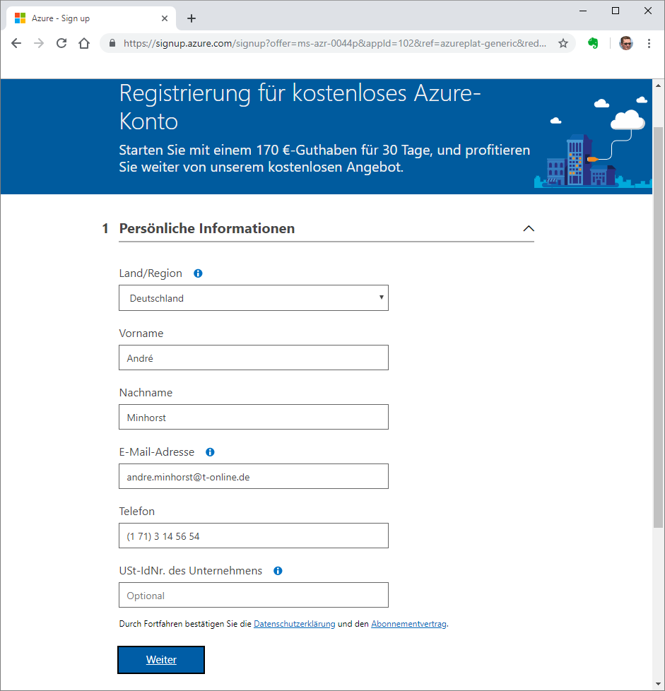 Registrierung für ein Azure-Konto