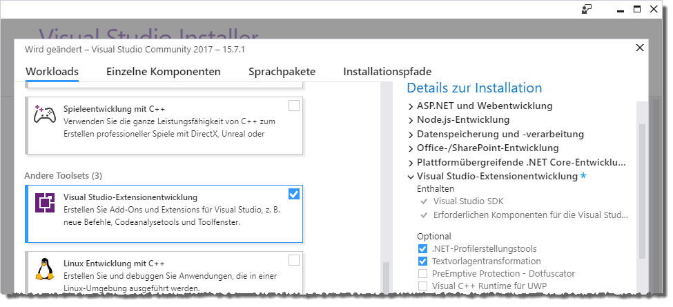 Erweitern von Visual Studio um die Extensionsentwicklung