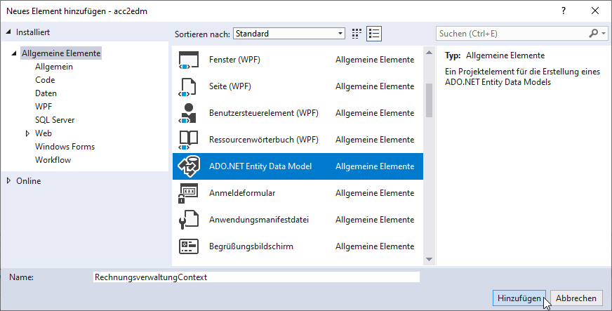 Neues ADO.NET Entity Data Model-Element hinzufügen