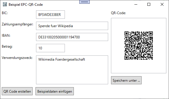Beispielfenster zum Eingeben und Erstellen von EPC-QR-Codes