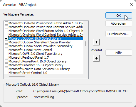 Hinzufügen eines Verweises auf die Outlook-Objektbibliothek