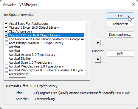 Verweis auf die Objektbibliothek Microsoft Office 16.0 Object Li-brary