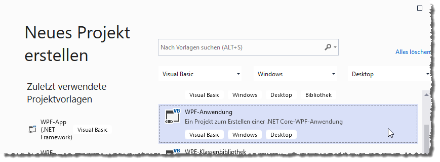Erstellen eines neuen Projekts in Visual Studio