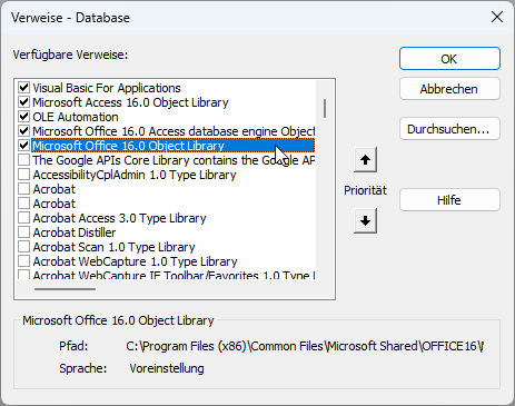 Aktivieren des Verweises auf die Bibliothek Microsoft Office x.0 Object Library