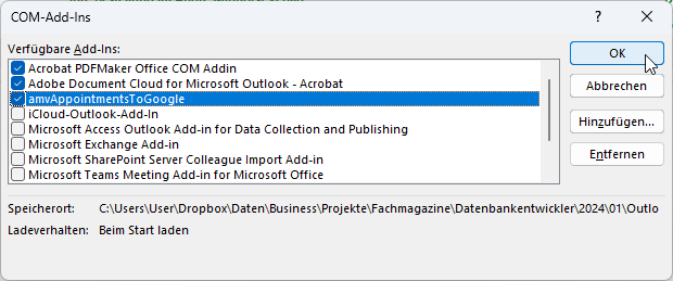 Installieren des COM-Add-Ins in Outlook