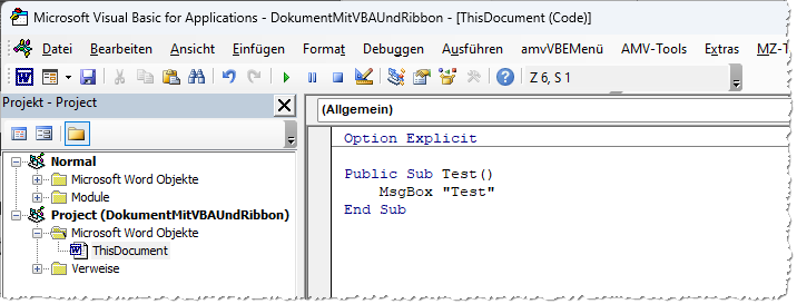 Anlegen einer VBA-Prozedur für das aktuelle Dokument