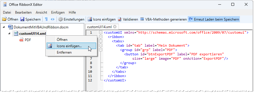 Einfügen des Icons und des XML-Codes