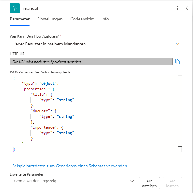 Eintragen eines JSON-Schemas