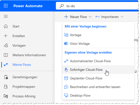 Anlegen eines sofortigen Cloud-Flows