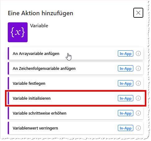 Hinzufügen der Aktion Variable initialisieren