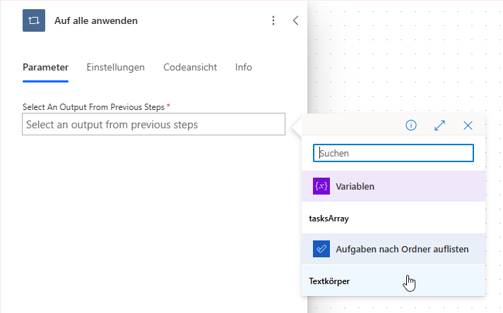 Auswählen des Outputs, der in der Schleife verarbeitet werden soll