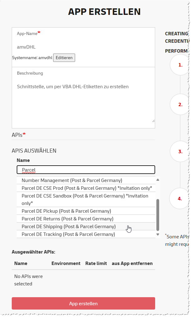 Angeben von App-Name und Beschreibung sowie Auswahl der APIs