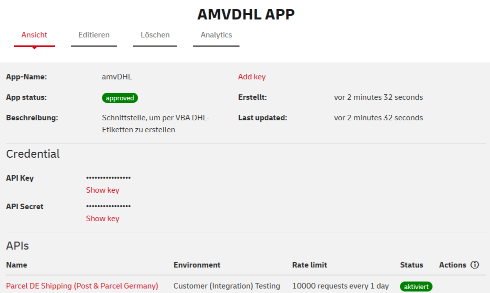 Anzeige von API Key und API Secret