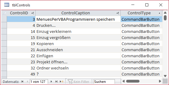 Beispiel für Steuerelemente im CommandBar