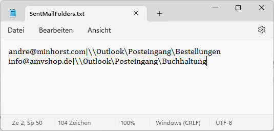 Textdatei mit den Zuordnungen der E-Mails zu den Ordnern