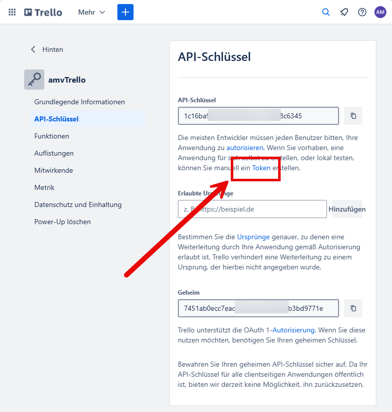Der neue Schlüssel auf der Webseite von Trello