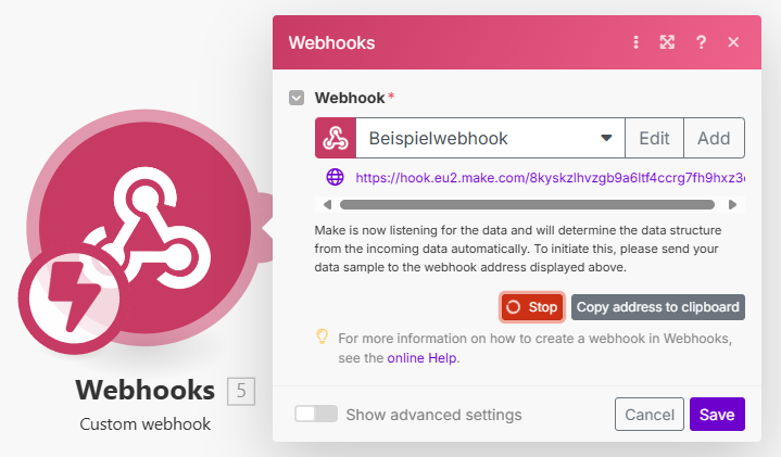 Der Webhook wartet auf einen Aufruf mit der neuen Datenstruktur.