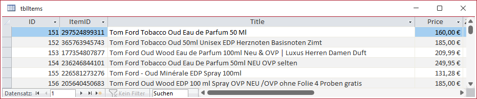 Tabelle zum Speichern der Suchergebnisse