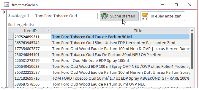 Formularansicht des Formulars frmItemsSuchen