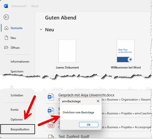 Neuer Befehl im Backstage-Bereich, hier in Word