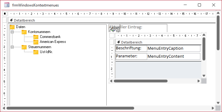 Neues Unterformular zur Anzeige von Beschriftung und Parameter