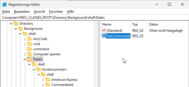 Zusatzeintrag, damit der Ordner im Kontextmenü auch Unterordner anzeigt