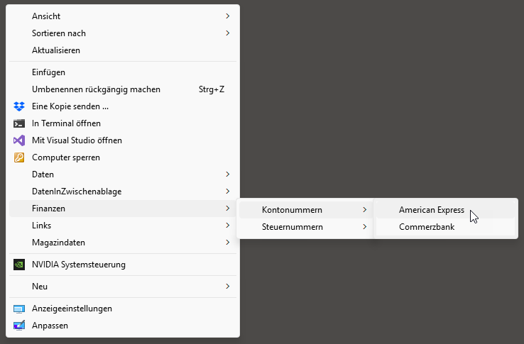Anzeige der soeben erstellten Kontextmenü-Einträge