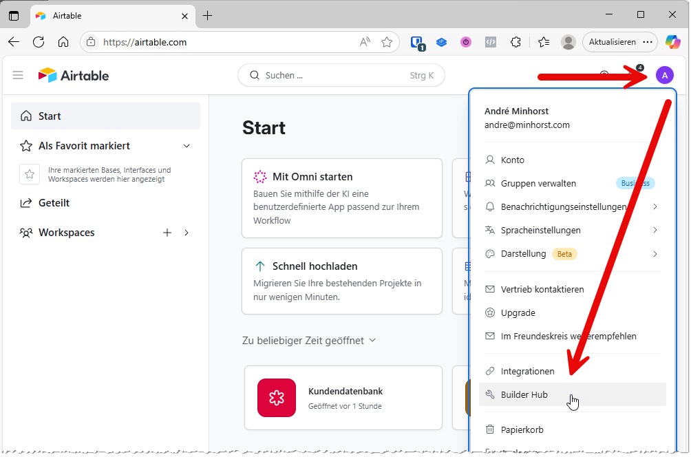 Öffnen des Builder Hubs
