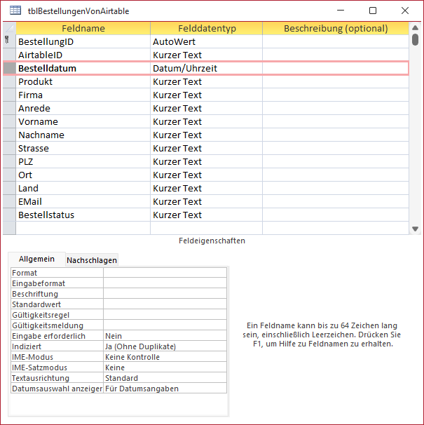 Tabelle zum Speichern der Bestellungen aus Airtable