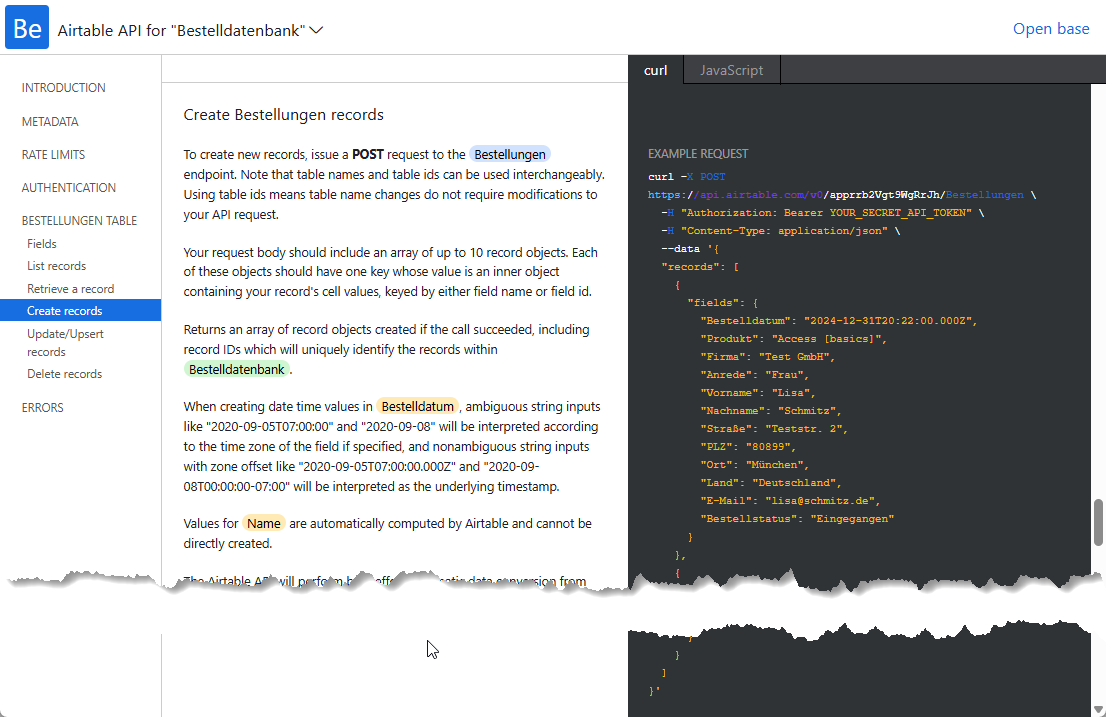 Anleitung zum Zusammenstellen des JSON-Requests zum Anlegen eines Datensatzes in der Tabelle Bestellungen in Airtable