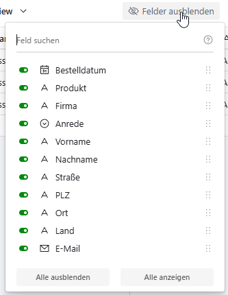 Ausblenden von Feldern
