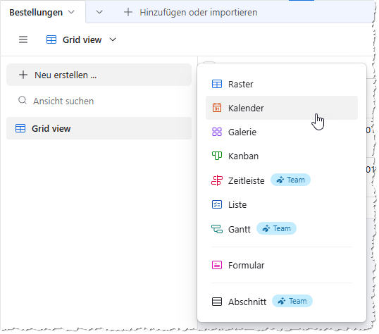 Auswahl der verschiedenen Ansichten
