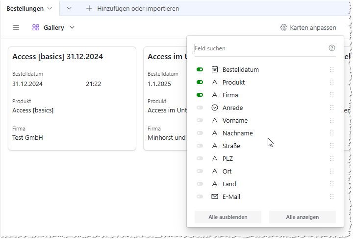 Anzeigen der Daten in der Gallery-Ansicht