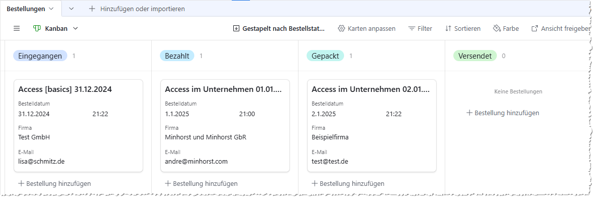 Anzeige der Bestellungen in der Kanban-Ansicht