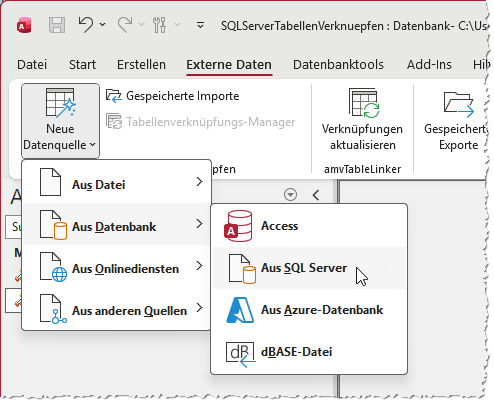 &Ouml;ffnen des Assistenten zum Verkn&uuml;pfen oder Importieren von SQL Server-Tabellen