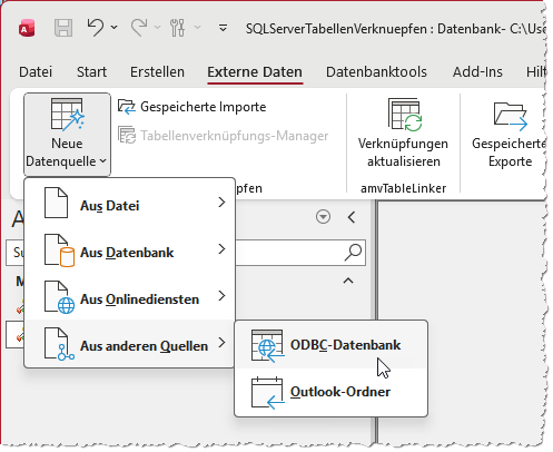 &Ouml;ffnen des Assistenten f&uuml;r ODBC-Datenbanken