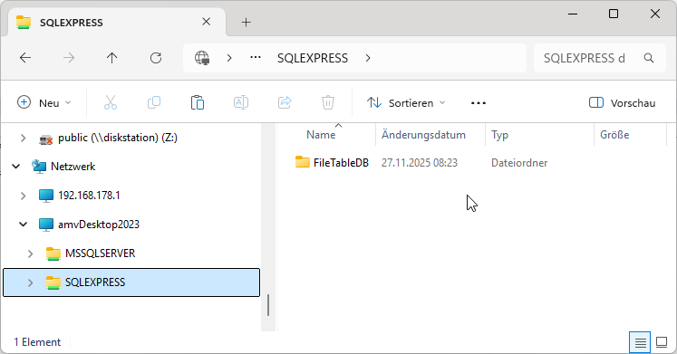 Das Verzeichnis f&uuml;r die FileTable-Datenbank