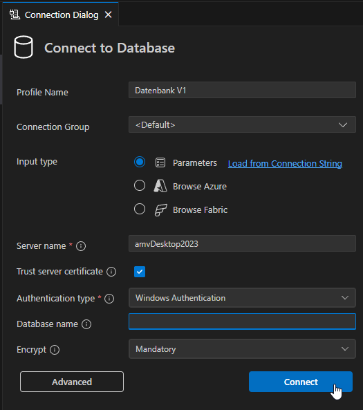 Eingabe der Verbindungsdaten f&uuml;r die erste Datenbank