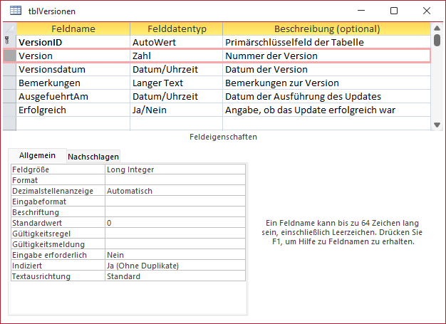 Versionstabelle im Access-Frontend