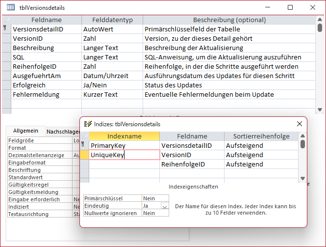 Tabelle der Versionsdetails