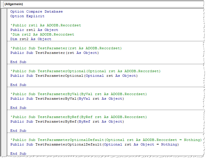 Beispielanweisungen mit Late Binding und auskommentierter Early Binding-Version
