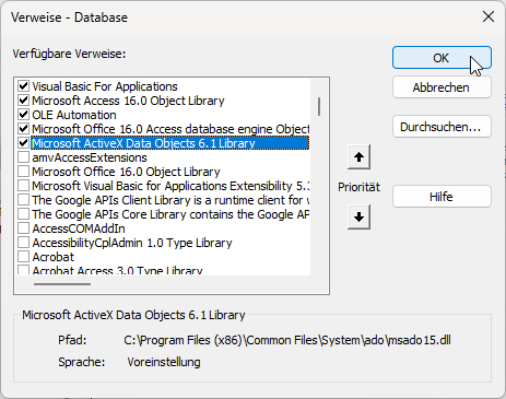 Verweis auf die ADODB-Bibliothek 