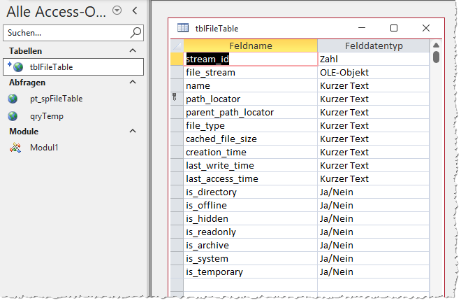 Entwurfsansicht einer per ODBC eingebundenen FileTable-Tabelle