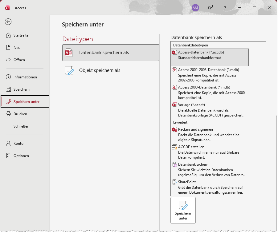 Der Standard-Backstage-Bereich von Access mit allen eingebauten Elementen