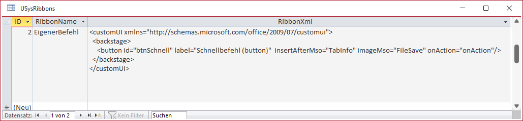 Ribbon-Definition f&uuml;r eine neue Schaltfl&auml;che im Backstage-Bereich