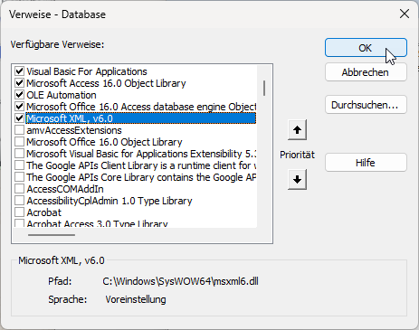 Den Verweis auf Microsoft XML, v6.0 im Verweise-Dialog aktivieren