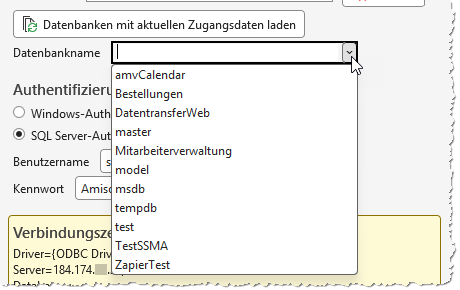 Datenbankname-ComboBox nach dem Laden der verf&uuml;gbaren Datenbanken